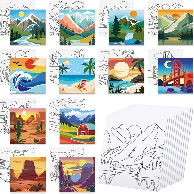 Anseal 12 Packs Pre Drawn Canvas to Paint, 4" X 4" Landscape Pre-Printed Canvas Paint Party for Adult, Stretched Outline Painting Boards for Beginners, Party Favor - Image 1